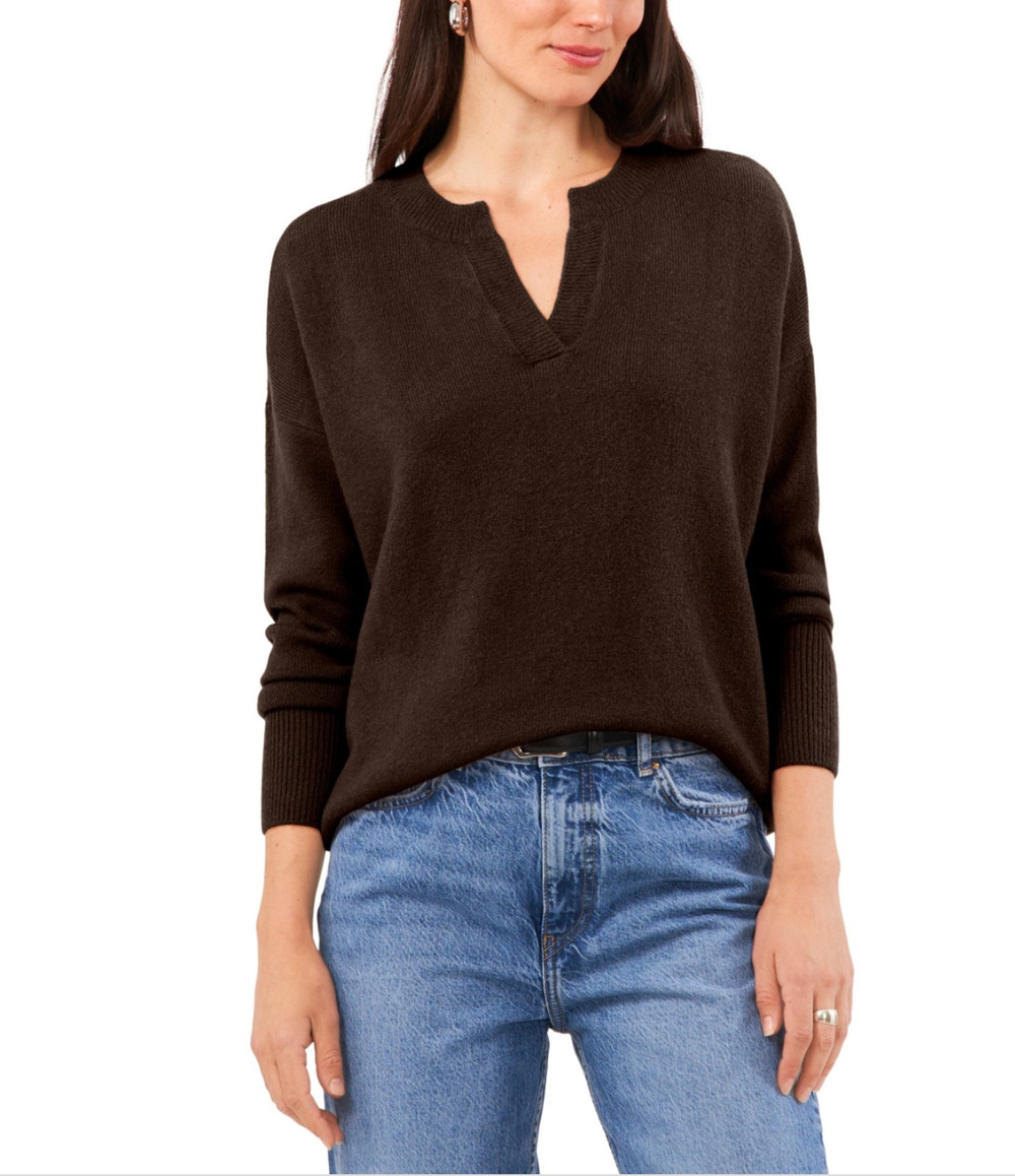 Vince Camuto Women Dropped Shoulder V-Neck Sweater Chocolate Size L